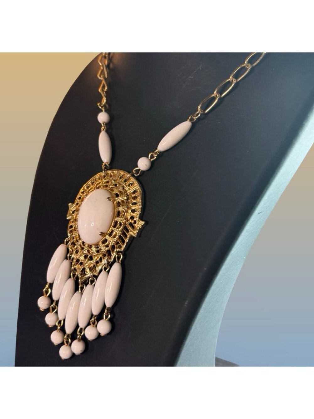 White Milk Glass Gold Filigree Pendant Necklace Boho Statement Jewelry Vintage